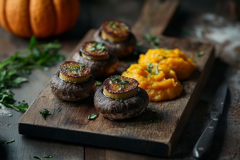 Délicieux champignons farcis accompagnés d’une onctueuse mousseline de potimarron